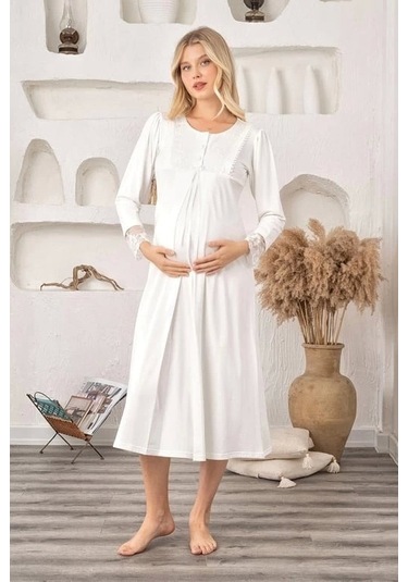 Bone 5906 Kadın Lohusa Likra Viskon Gecelik Ekru