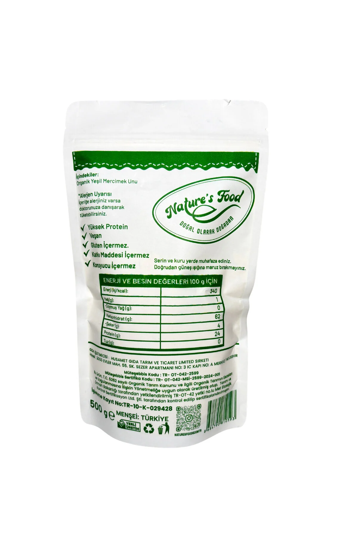 Organik Yeşil Mercimek Unu 500gr Pestisit Analizli Organik Sertifikalı