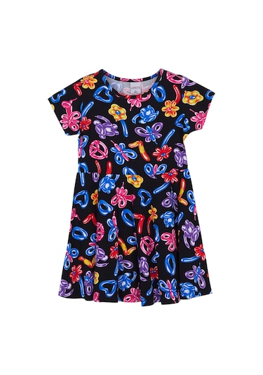 Lovetti Kız Çocuk Jelly Balloon Desen Kısa Kol Kloşe Etek Elbise 5910-52 Çok Renkli