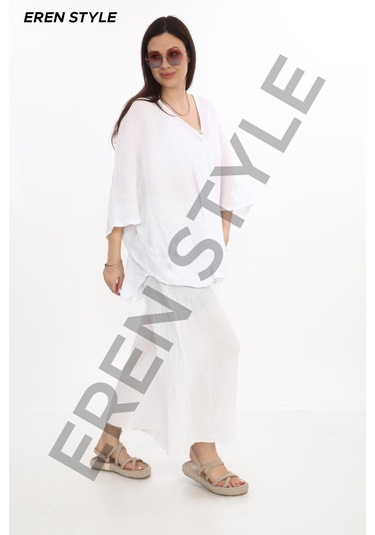 Bohem Kuruvaze Tek Düğmeli Keten Bluz-9884 Beyaz