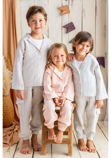 Oliventhekid Griy Çizgili Müslin Kargo Pantolon Griy Gri