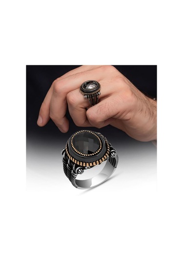 Siyah Taşlı Pençe Motifli 925 Gümüş Erkek Yüzük