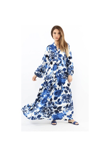 Prive Kadın Roses Mavi Viskon Maksi Boy Elbise Mavilacivertbeyaz