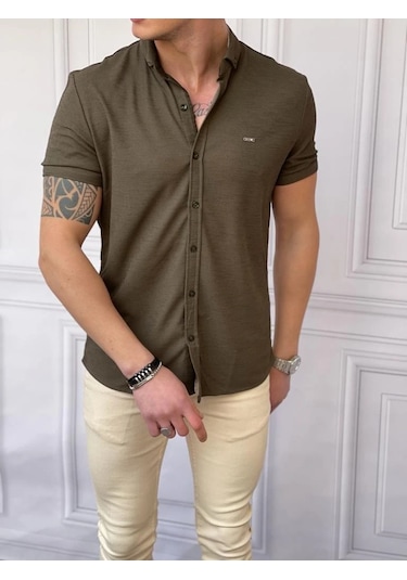Modefendi Slim Fit Pamuk Örme Polo Yaka Kısa Kollu Gömlek Haki
