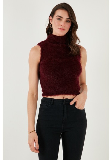 Lela Yumuşak Tüylü Slim Fit Balıkçı Yaka Crop Bayan Süveter 4615566 Bordo