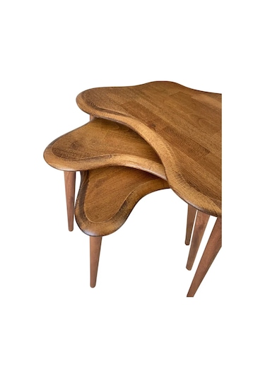 Fawdecor Asimetrik Masif Ahşap Zigon Sehpa Takımı 3'lü Set Ceviz