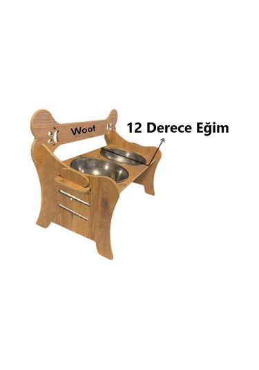 Realwood Özel İsim Baskılı Ahşap Kademeli Eğimli Çelik Kedi Köpek Mama Su Kabı 1 L