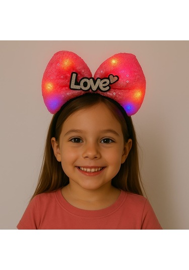 Led Işıklı Love Yazılı Fuşya Fiyonk Taç - Kız Çocuk Parti Tacı Çok Renkli