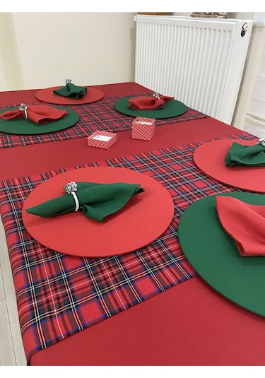 Kırmızı Masa Örtüsü Yılbaşı Ekose Runner Supla Peçete 12 Kişilik Set