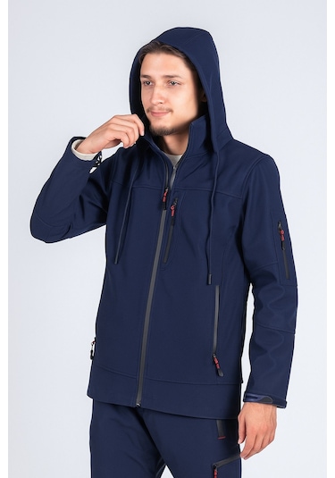 Suya Dayanıklı Slim Fit Softshell Kapüşonlu Erkek Mont Lacivert