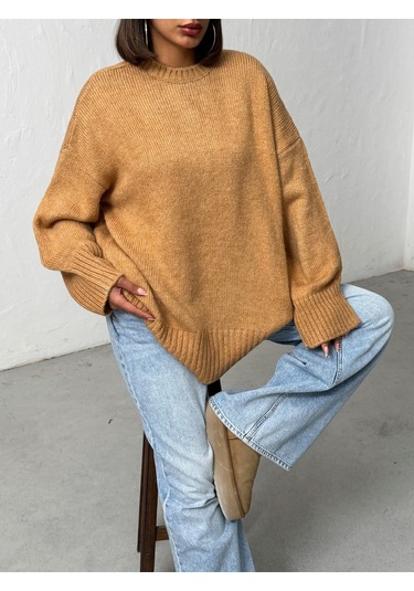 Kadın Yumuşak Dokulu Bisiklet Yaka Oversize Basic Triko Kazak Camel