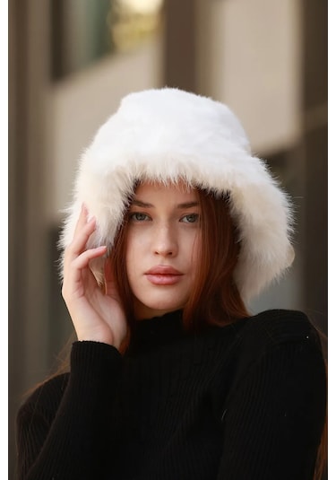 Kadın Peluş Bucket Kalpak Şapka 1143 Rkş-14 Ekru Ekru