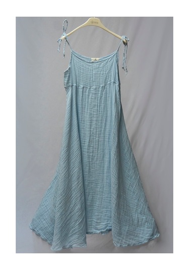 %100 Pamuk Müslin Nefes Alır Kadın Askılı Gecelik Elbise Pijama Rahat, Şık Gots Sertifikalı Açık Mavi