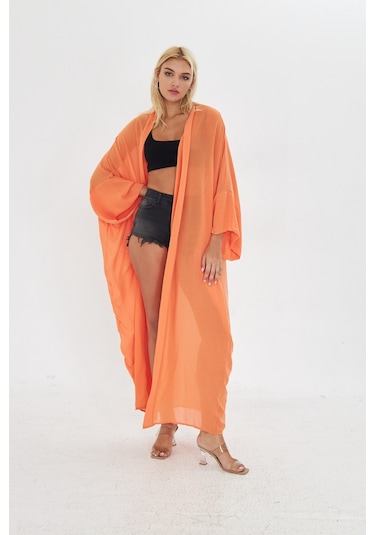 Kutaf Turuncu Uzun Yumusak Ipek Karısımlı Kimono / Beachwear Turuncu