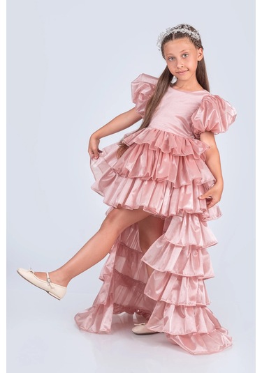Volanella Taçlı Kız Çocuk Abiye Çift Tarz, Tek Elbise. Pudra