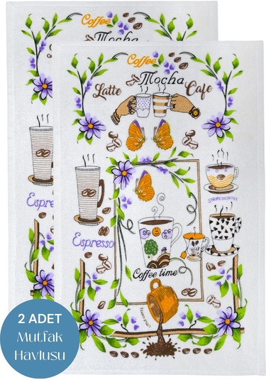 2li Paket Baskılı Beyaz Mutfak Havlusu Modeli Coffee Mocha