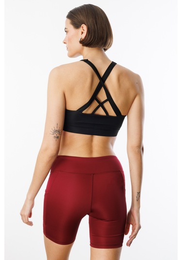 Yüksek Bel Toparlayıcı Çift Cepli Biker Şort Kısa Spor Tayt Kısa-tayt Bordo