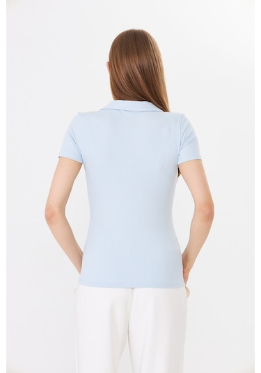 Hdm Kadın Mavi Polo Yaka Fitilli Günlük Bluz - H6038