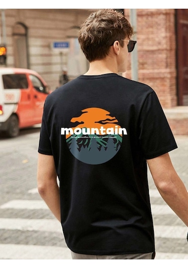 Erkek Siyah Oversize Mountain Baskılı T-shirt Siyah