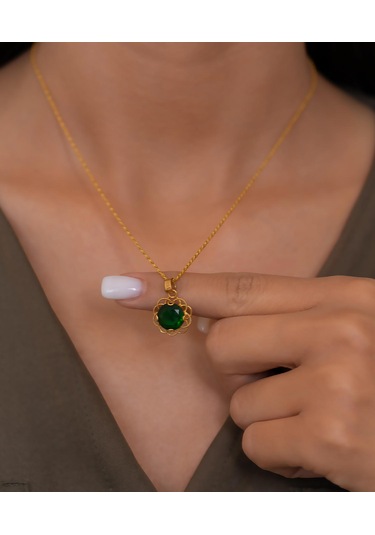 Bayar Gold 14 Ayar Altın Yeşil Taşlı Telkari Kolye Sarı Altın