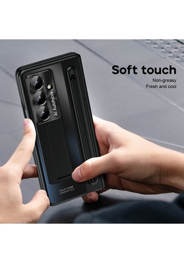 Samsung Galaxy Uyumlu Z Fold7 5g Kılıf Destekli Menteşeli Pc Telefon Kılıfı Temperli Cam Filmi Ve Kalem - Siyah Siyah