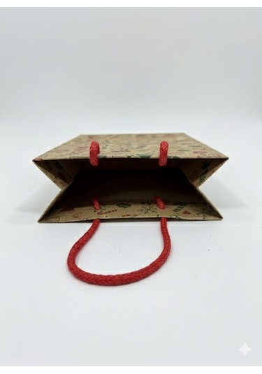 Yılbaşı Desenli Kraft Karton Çanta Seti - 6lı, Kırmızı Saplı Parti, Noel, Hediye Çantası, 12x17 Cm Standart