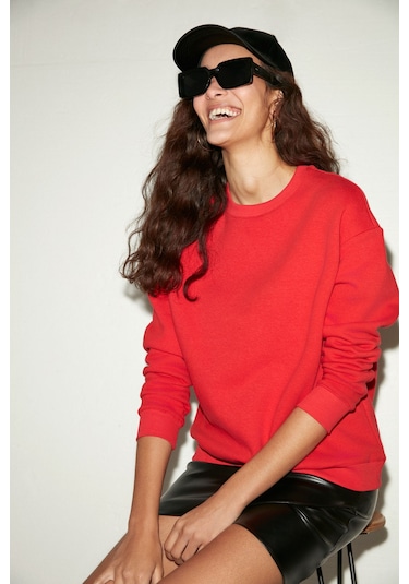 Vaneltına  Kadın Içi Polarlı 3 Iplik Organik Pamuk Oversize Basic Bisiklet Yaka Kırmızı Sweatshirt