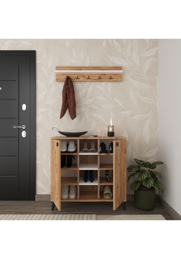 Albena 2 Kapaklı Ayakkabılık, Vestiyer, Portmanto, Askılık, 90 Cm Atlantik Çam Atlantik Çam - Beyaz