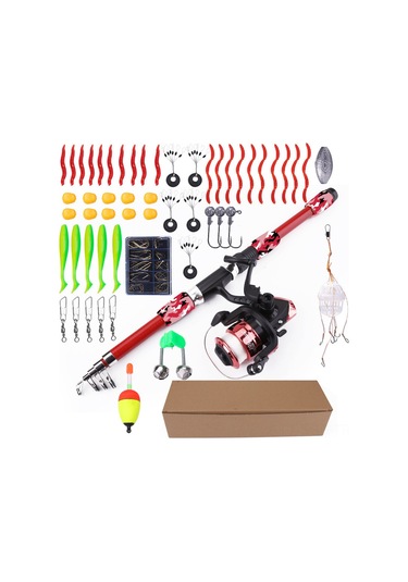 Springsun Fıshkıng 1.8m Uzatılabilir Kamış Seti, 55 Parça Yeni Başlangıçcı İçin, Yumuşak Yem Uyumlu, Deniz/su Orta Balıkçılık, Taşınabilir Koyu Kırmızı Desenli