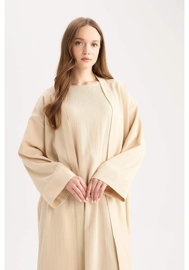 DeFacto Relax Fit Şal Yaka Krinkıl Kumaş Uzun Kimono E1816AX25SPBG757 Bej