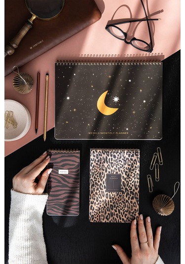 A4 Haftalık Ve Günlük 3 Lü Masaüstü Süresiz Planlayıcı Set Leopar Leopar