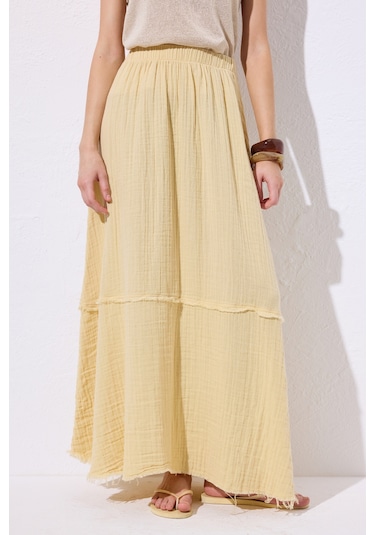 Müslin Katlı Geniş Etek Sarı Sarı