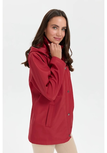 Desen Triko Kadın Kapüşonlu Yan Cepli Kısa Trençkot 24417 Kiremit Kiremit