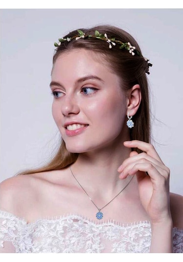 Aquamarin Taşlı Pırlanta Model Lotus Çiçeği Kadın Gümüş Set Gümüş