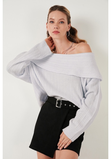 Lela Oversize Fit Madonna Yaka Triko Bayan Kazak 4615216 Açık Gri