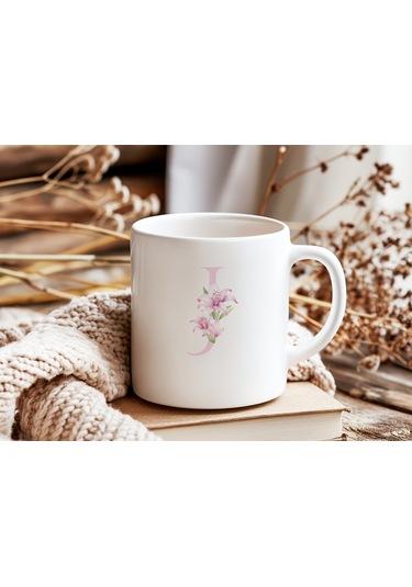 J Harfi Pembe Çiçek Desenli Kupa Bardak - Zarif Pembe Çiçek Tasarım Kahve Çay Kupası - Hediye Beyaz