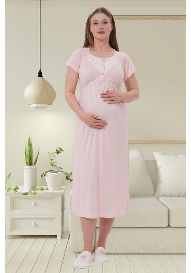 Mecit 6204 Pembe Hamile Lohusa Dantelli Sabahlık Gecelik Takım