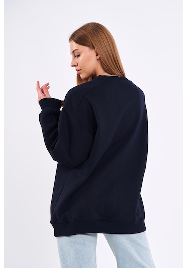 Comeor Lacivert Kadın Pamuklu Oversize Basic Bisiklet Yaka Sweatshirt 001