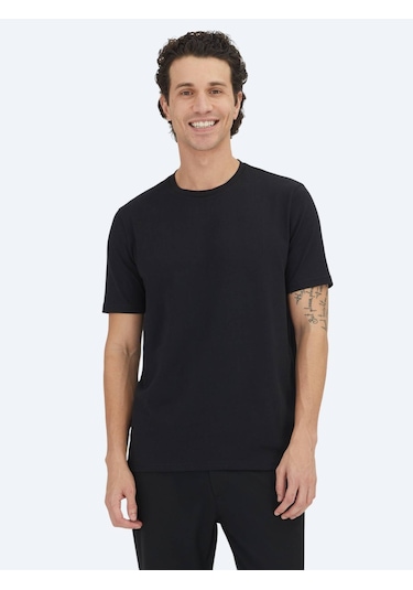 Kip Unisex Siyah Düz Bisiklet Yaka %100 Pamuk T-shirt Siyah