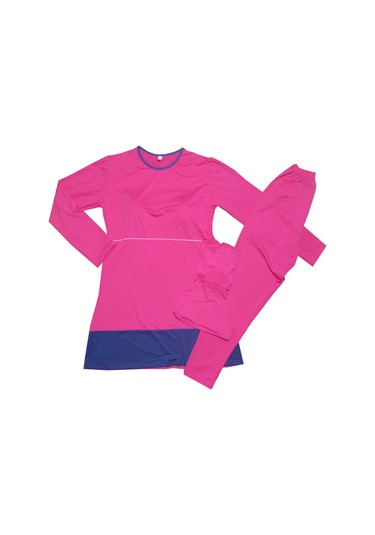 Kadın Tesettür Mayo Uzun Kollu Üstü Yapışmaz Mayo Pembe