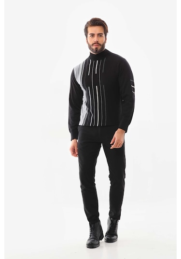 Beluga Erkek Yarım Balıkçı Yaka Çizgili Kazak 42363 Siyah
