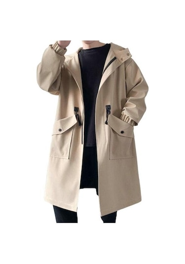 Erkekler Trençkot Kapşonlu Gevşek Orta Uzunlukta Büyük Cepler Uzun Kollu Rüzgar Geçirmez Düz Renk Fermuar Kapatma Kırışıklık Karşıtı Elastik Manşet Street... Haki