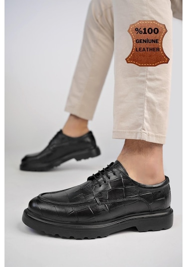Muggo Norman Garantili Günlük Klasik Hakiki Deri Casual Rahat Ortopedik Kalın Taban Erkek Ayakkabı Siyah