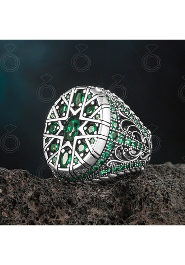 Özel Tasarım 925 Ayar Gümüş Yeşil Zirkon Taşlı Erkek Yüzük Gümüş
