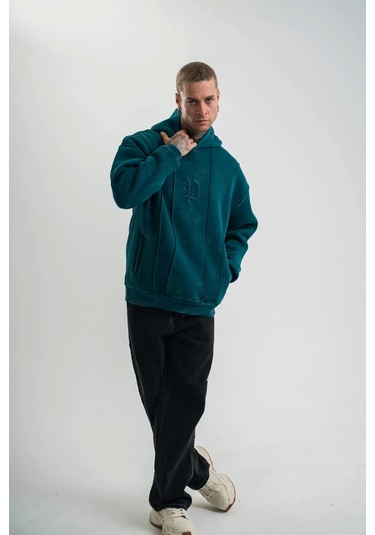 Unisex Uzun Kol Kapşonlu Yıkamalı Nakışlı Sweatshirt - Koyu Deniz Yeşili Koyu Deniz Yeşili