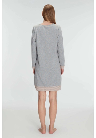 Bicomi Pamuklu Uzun Kollu Gecelik Gri