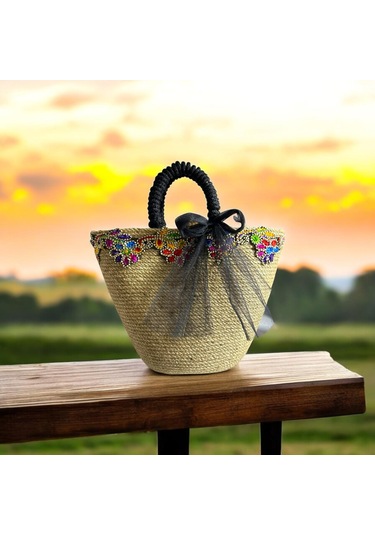 Hasır Çanta, Plaj Çantası, Tasarım Çanta, İşlemeli El Çantası Hasır