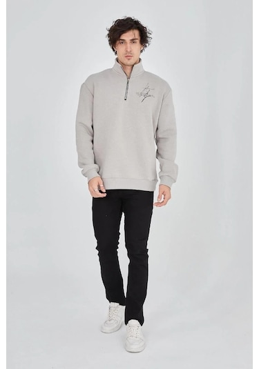 Erkek Yarım Fermuarlı Baskılı 3 İplik Pamuklu Sweatshirt - Boyalı Gri Gri