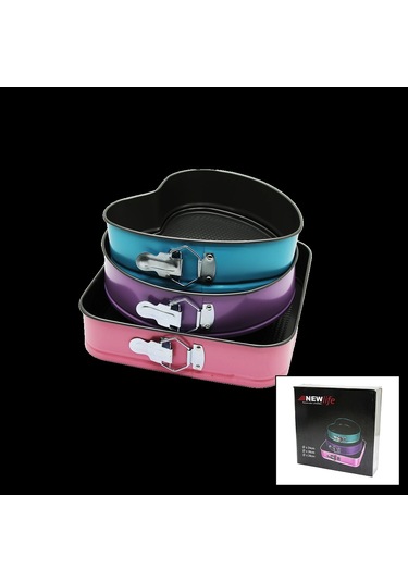 3 Parça Set Metal Kek Kalıp Kelepçeli Kalp - Kare - Yuvarlak Çok Renkli