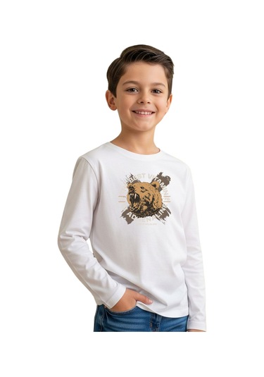 Düz Yuvarlak Yaka Bearr Baskı Detaylı Erkek Çocuk Sweatshirt BEYAZ